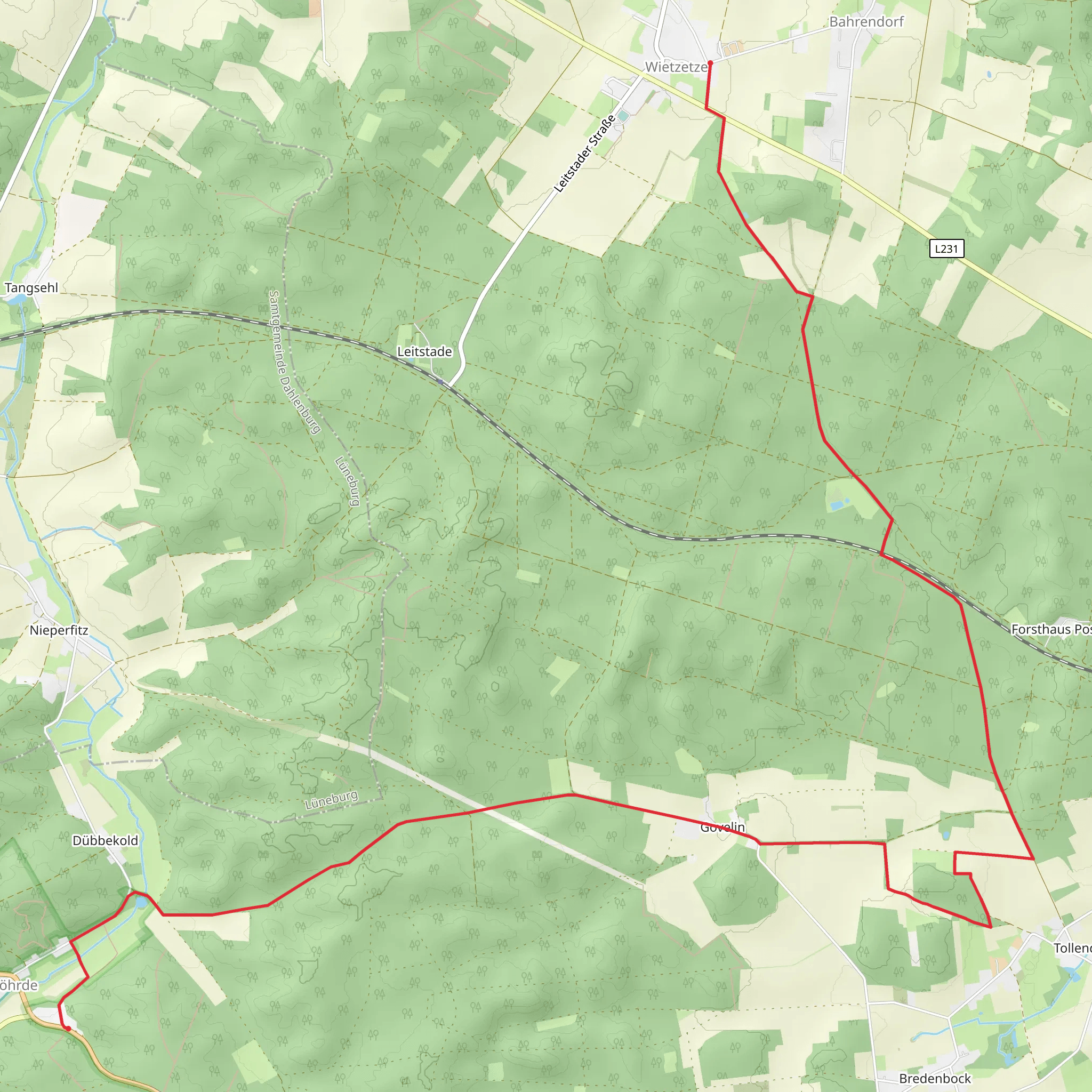 Wietzetze to Göhrde via Drawehn-Hoehenweg mobile static map