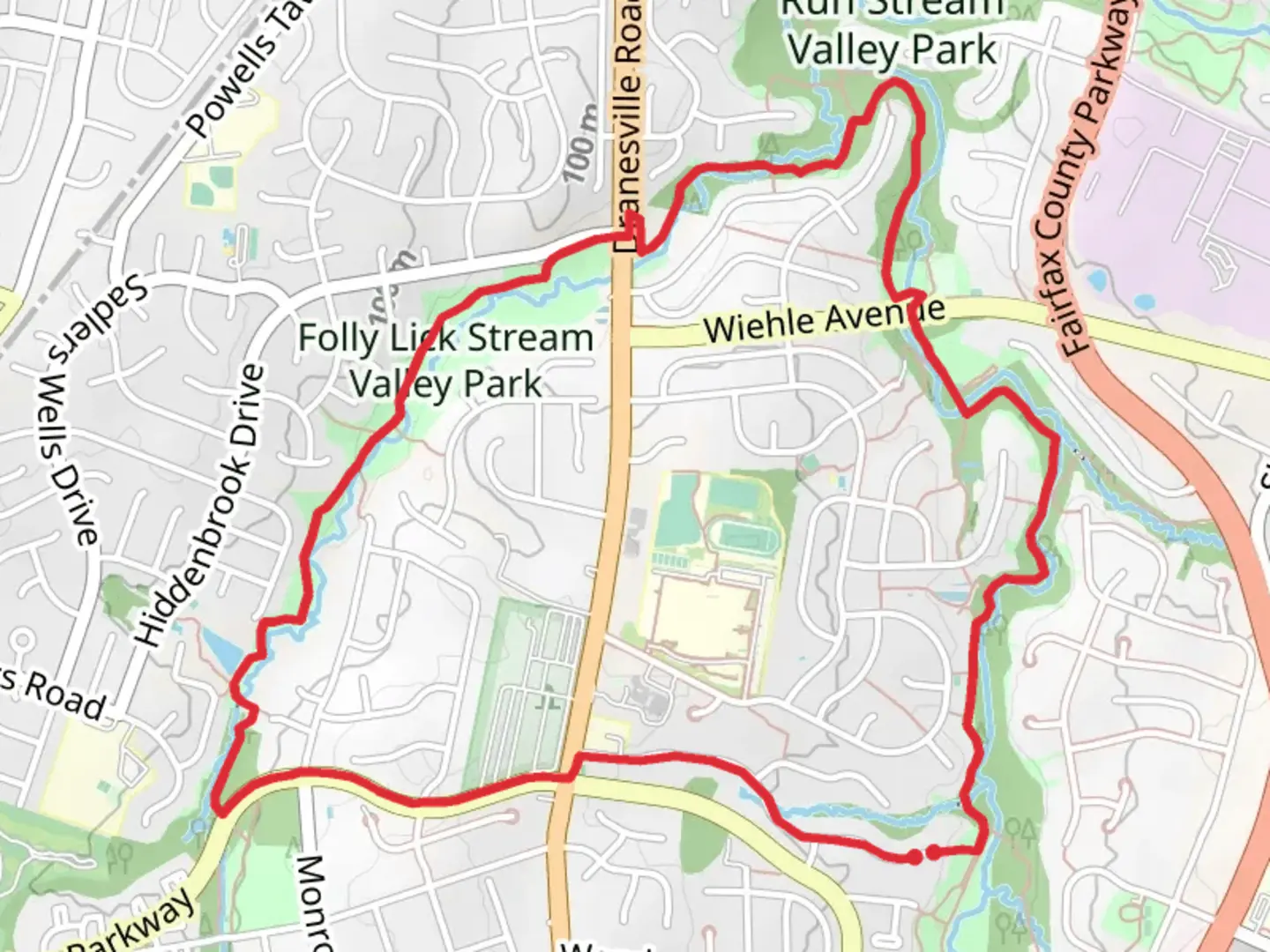 An image depicting the trail Sugarland run Stream Valley Trail and Folly Lick Stream Valley Park Loop and its surrounding area.
