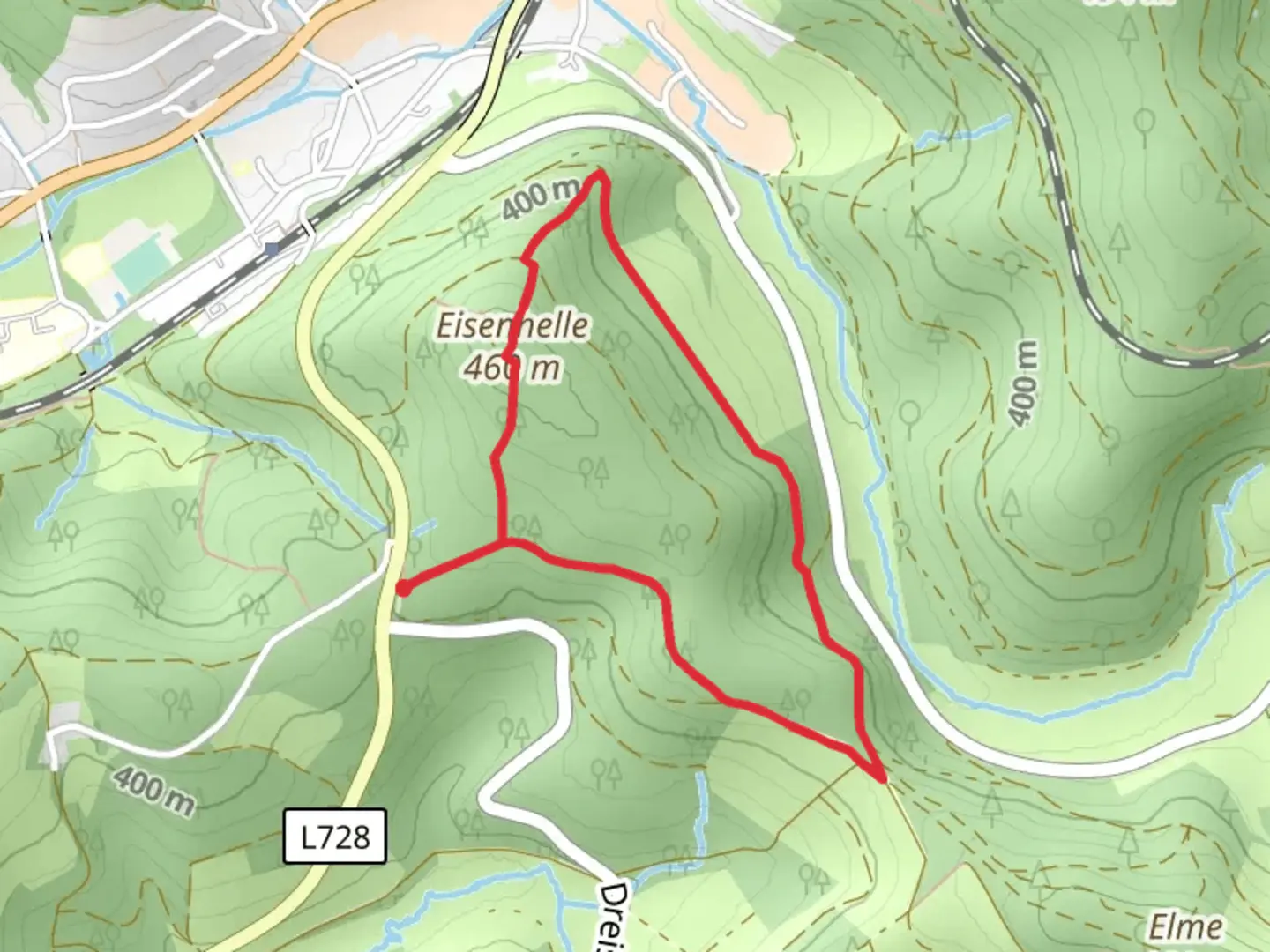 An image depicting the trail Eisenhelle and Kaspareiche Loop and its surrounding area.