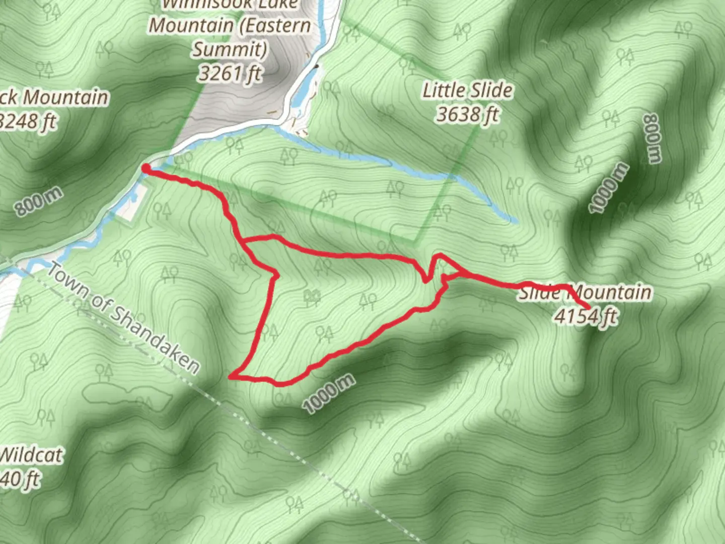 An image depicting the trail Slide Mountain Loop via Curtis - Ormsbee Trail and Wittenberg - Cornell Slide Trail and its surrounding area.