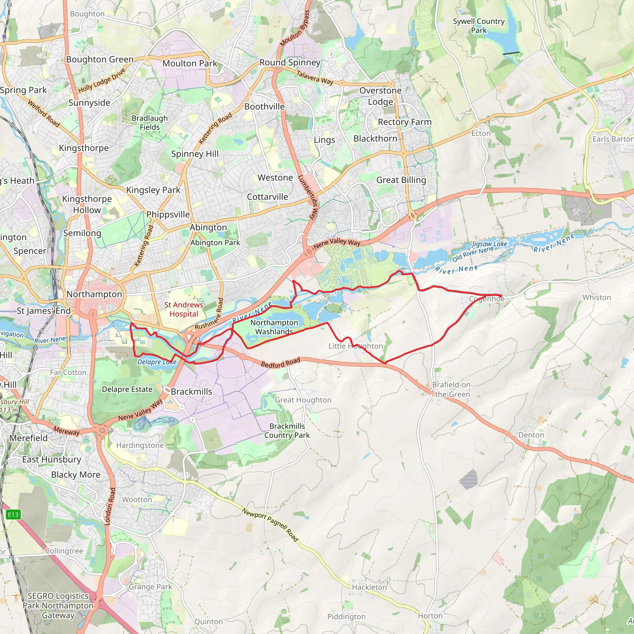 Northampton Washlands Loop from Cogenhoe mobile static map