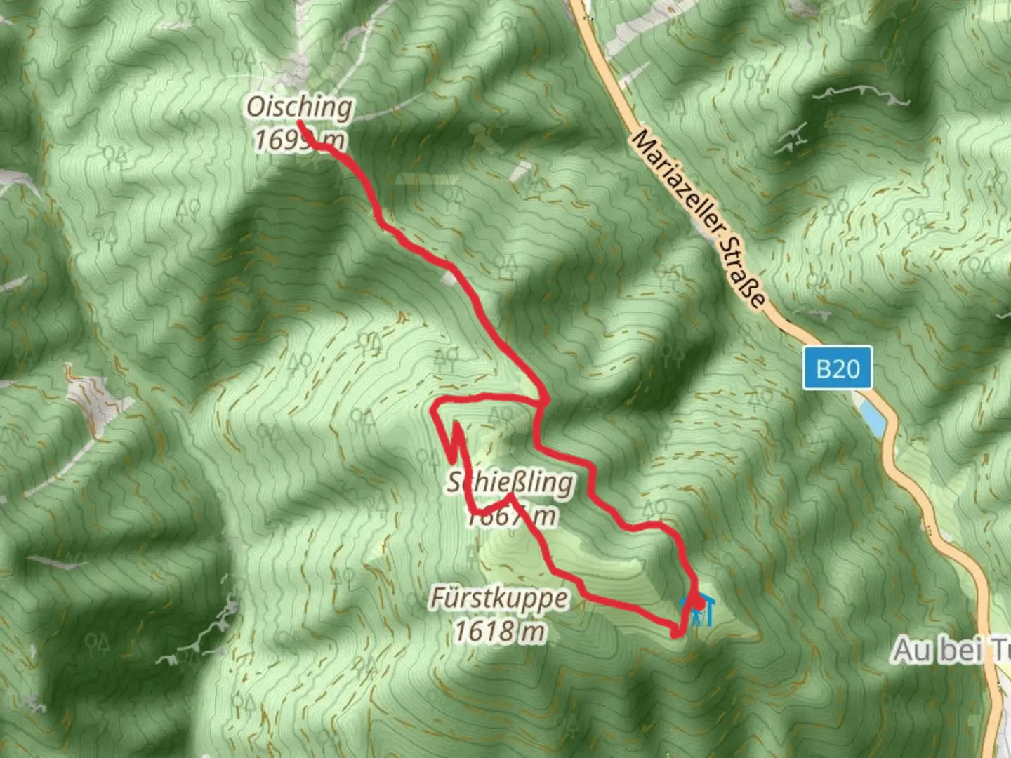 An image depicting the trail Schießlingalm - Oischinggipfel and its surrounding area.