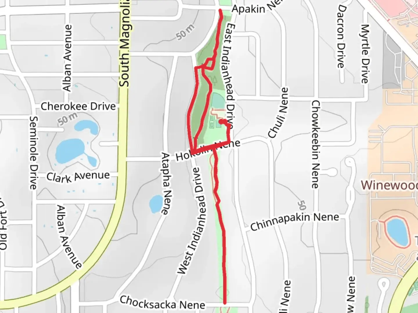 An image depicting the trail Optimist Park and Indian Head Acres Park Loop and its surrounding area.