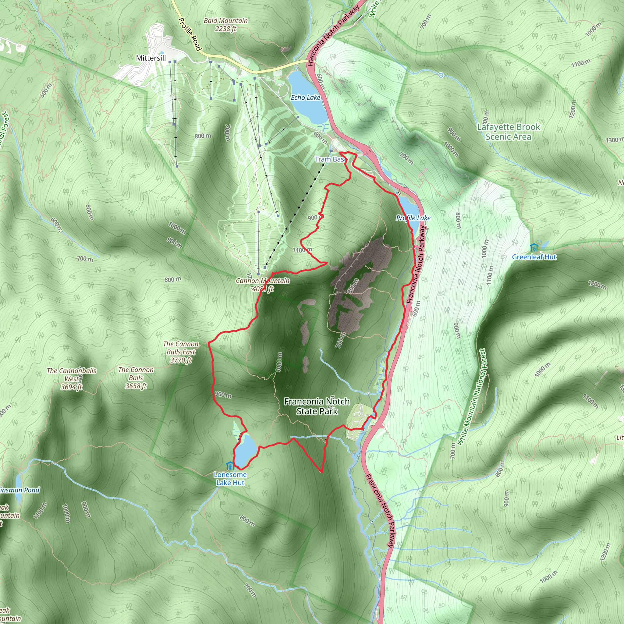 Lonesome Lake, Cannon Mountain and Profile Lake Loop Trail mobile static map