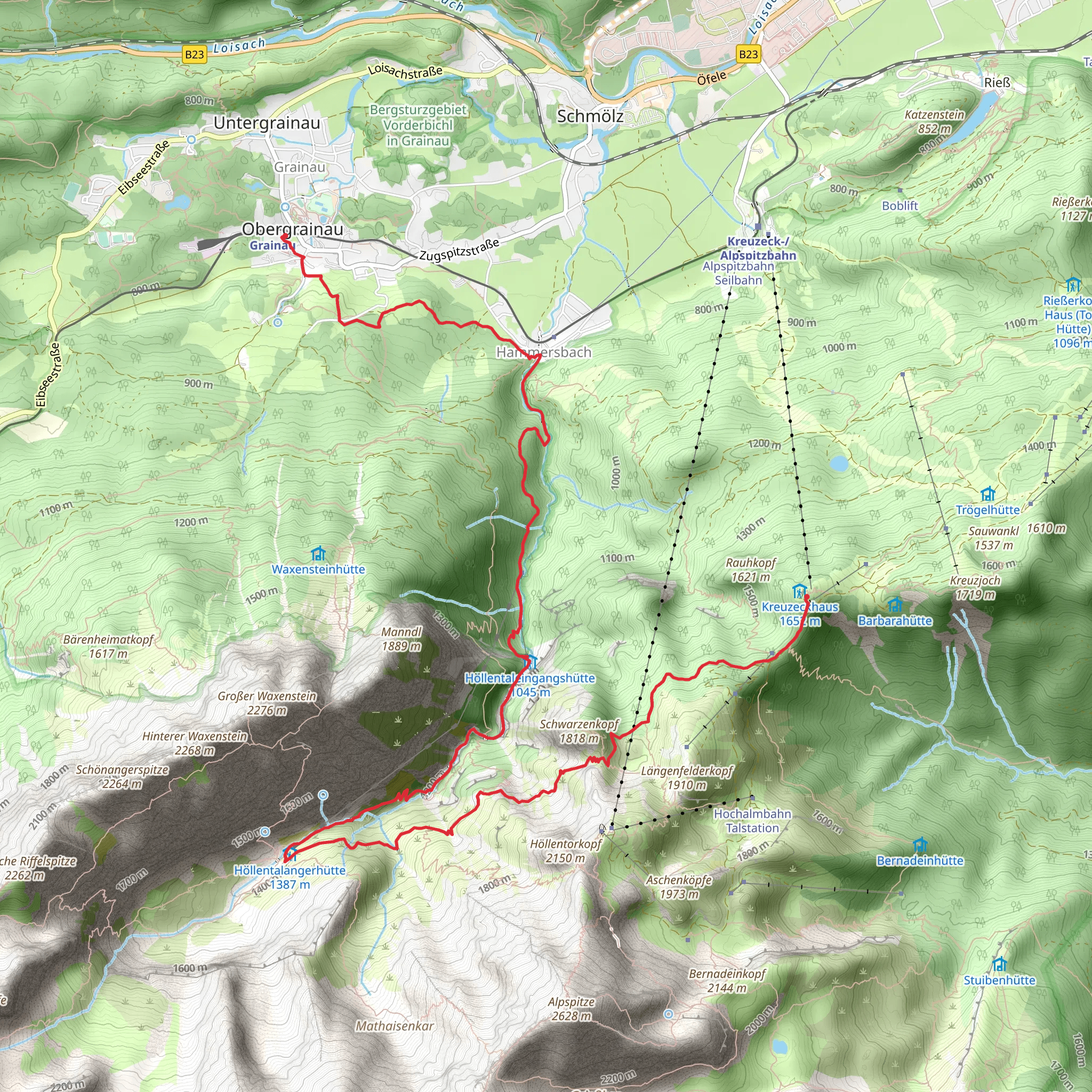 Grainau to Kreuzeck via AV Weg and Weg zum Hupfleitenjoch mobile static map
