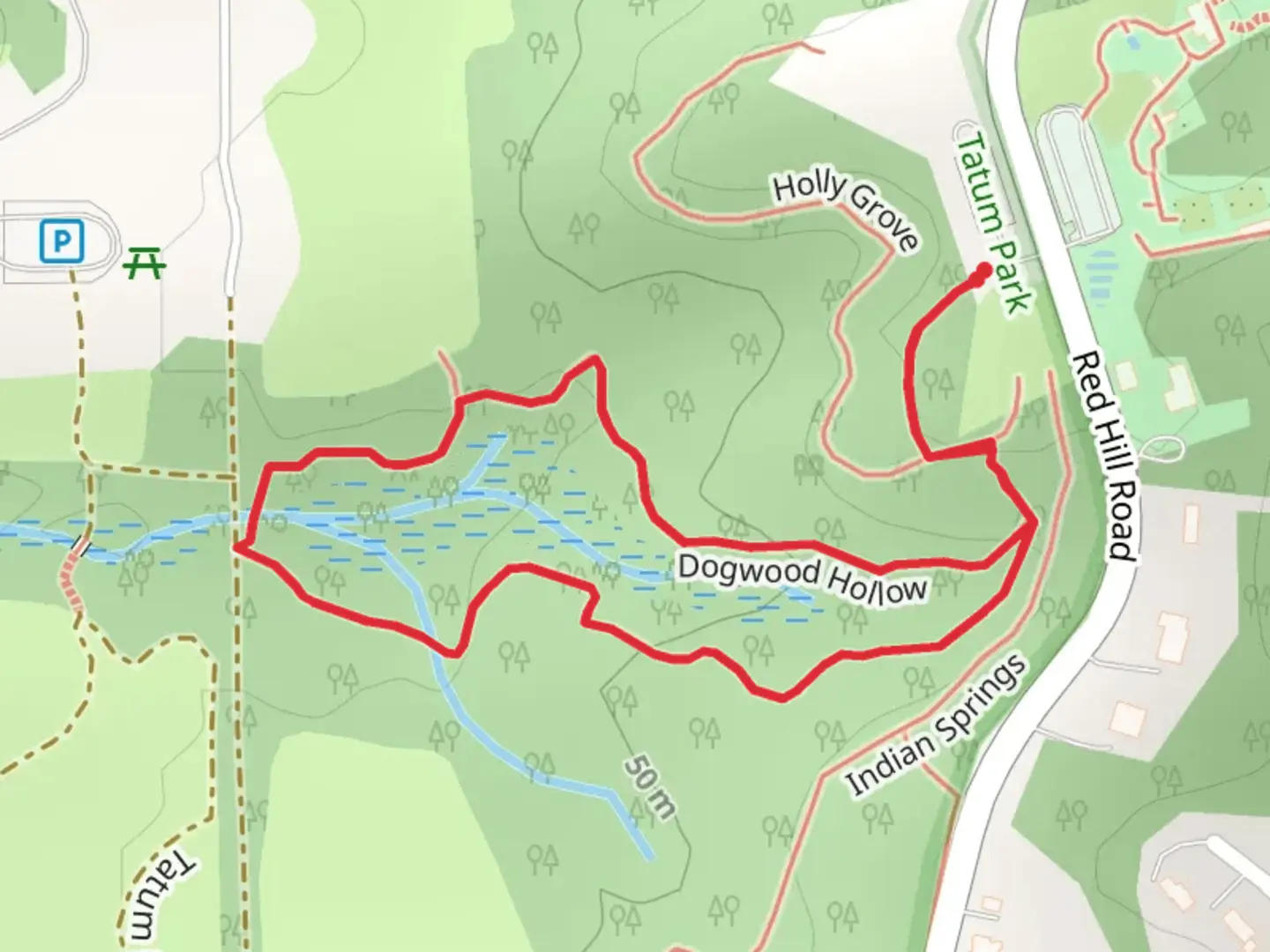 An image depicting the trail Dogwood Hollow Loop and its surrounding area.
