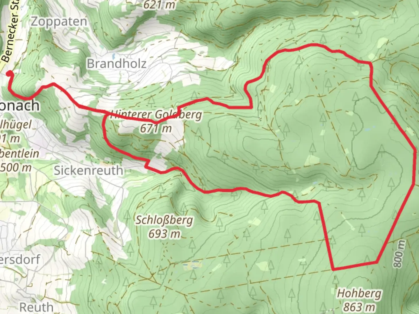 An image depicting the trail Vorderer Goldberg and Hinterer Goldberg Loop - Goldkronach and its surrounding area.
