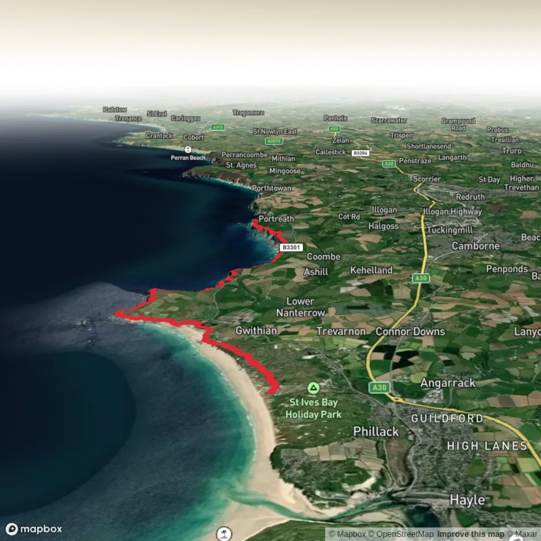 An image depicting the trail St Ives Bay Beach to Portreath Beach and its surrounding area.