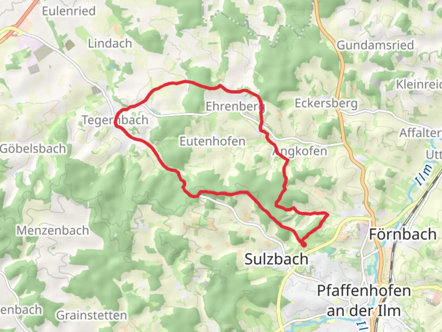 An image depicting the trail Pallertshausen to Tegernbach Loop and its surrounding area.