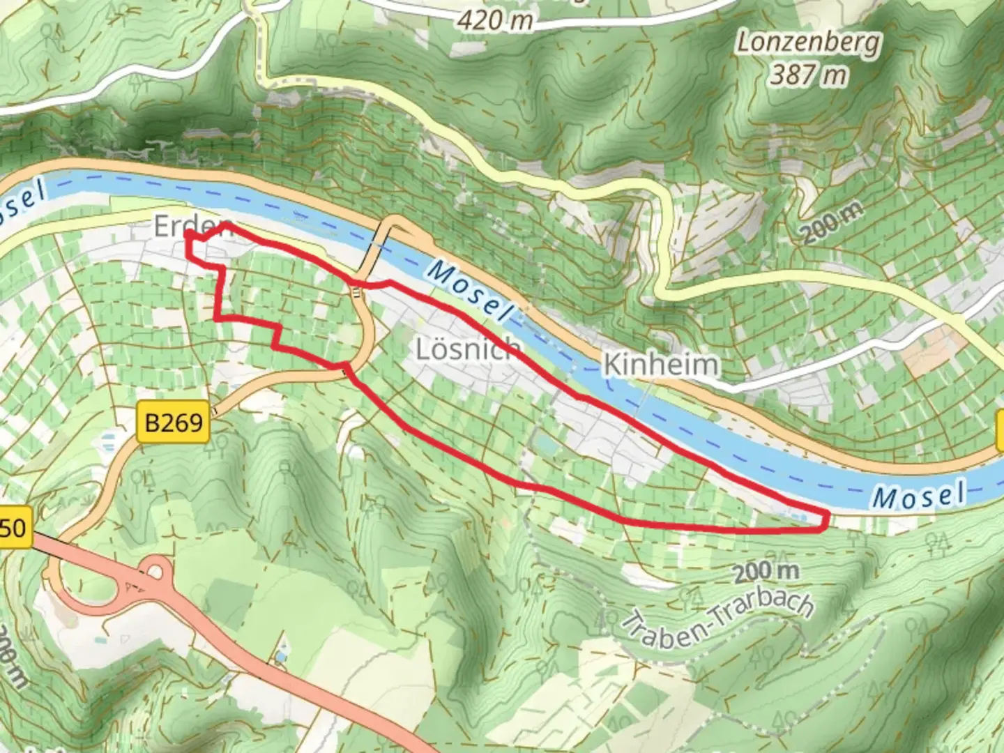 An image depicting the trail Erden and Lösnich Loop and its surrounding area.