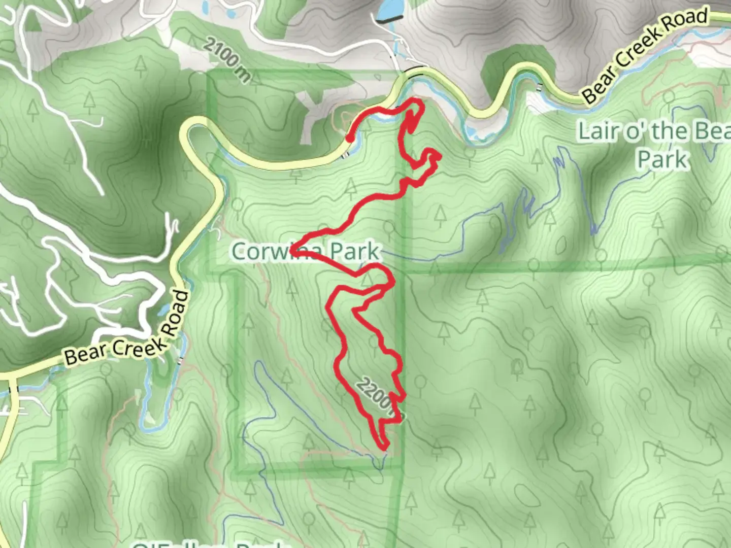 An image depicting the trail Bear Creek Loop Trail from Bear Creek Road and its surrounding area.