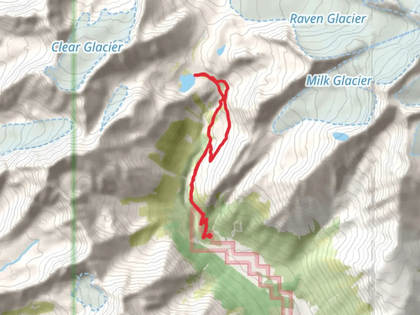 An image depicting the trail Crystal Lake via Monarch Mine Trail and Crow Pass Trail and its surrounding area.