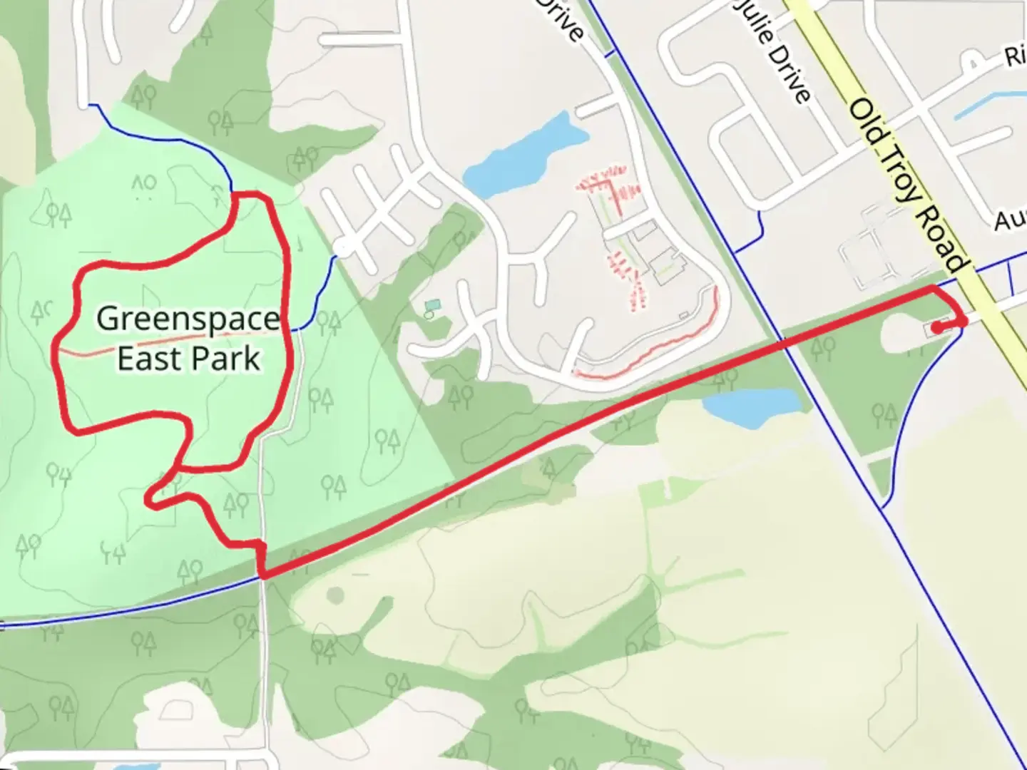 An image depicting the trail MCT Ronald J Foster Heritage Trail and Greenspace East Walking Loop Trail and its surrounding area.