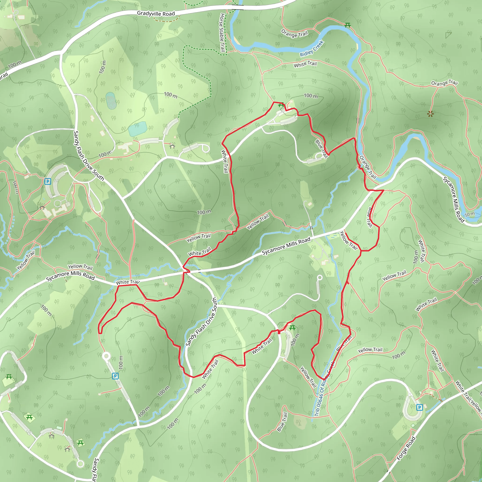 Ridley Creek via White and Blue Loop Trail mobile static map