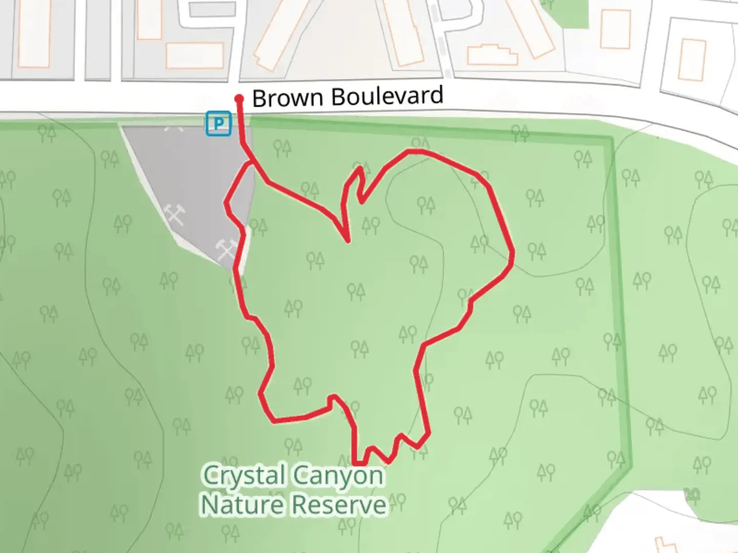 An image depicting the trail Brown Boulevard Loop and its surrounding area.