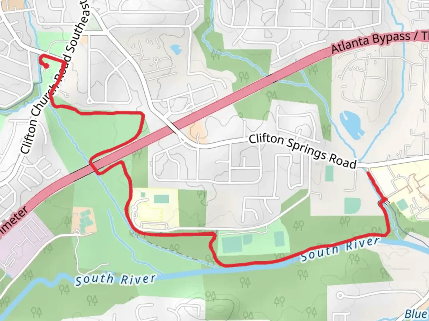 An image depicting the trail South River PATH Trail and its surrounding area.