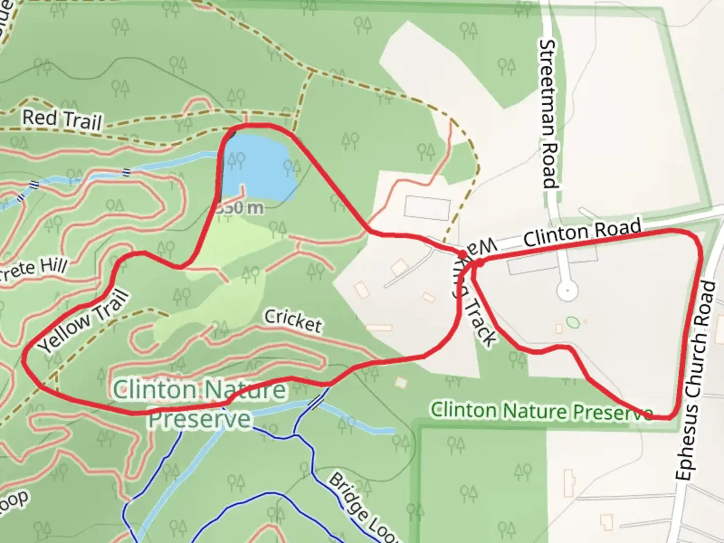 An image depicting the trail Clinton Road and Blue-Yellow-Red Trail Loop and its surrounding area.