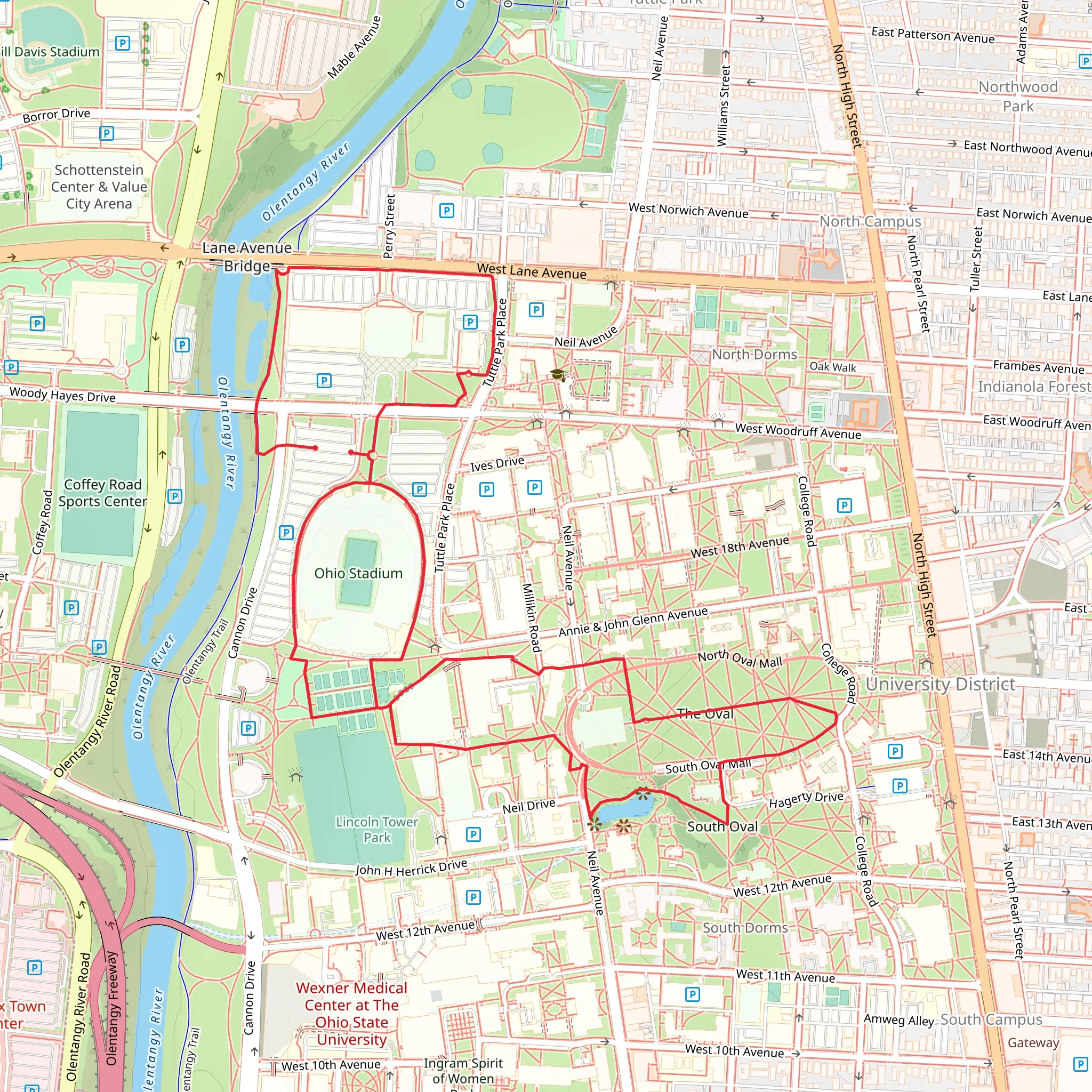 The Long Walk, The Oval and Olentangy Trail Detour Loop mobile static map