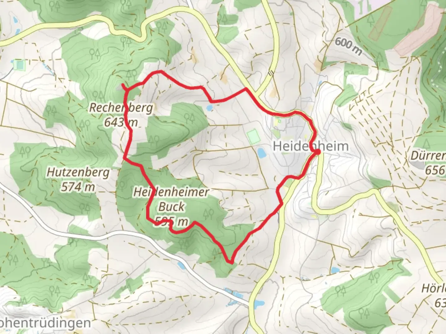 An image depicting the trail Quellenweg and Rundwanderweg Heidenheim and its surrounding area.