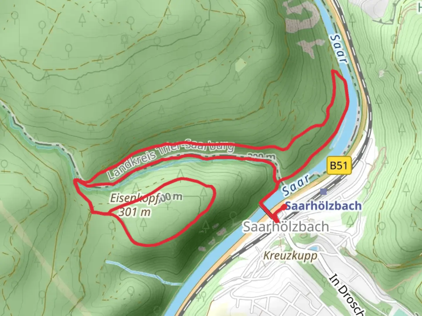 An image depicting the trail Eisenkopf and Wolfsbach Loop and its surrounding area.