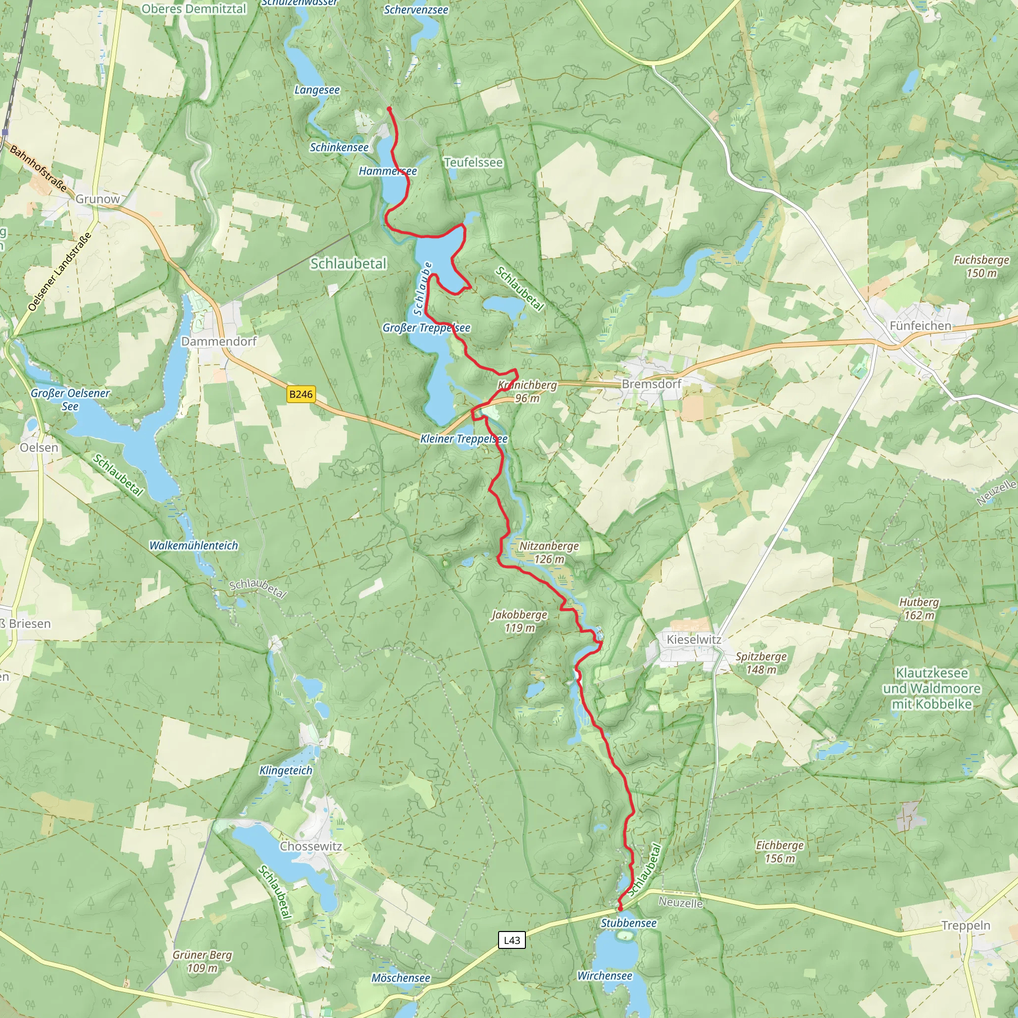 Siehdichum to Schlaubemuehle via Schlaubetal Wanderweg mobile static map