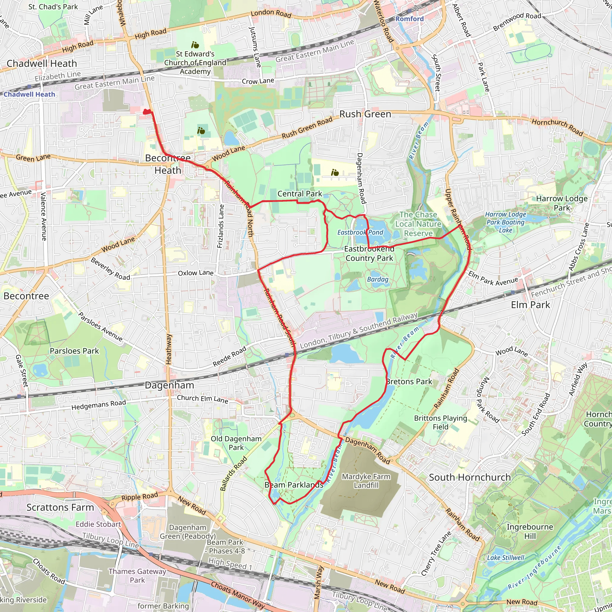 Beam Parklands and Eastbrookend Country Park Loop mobile static map