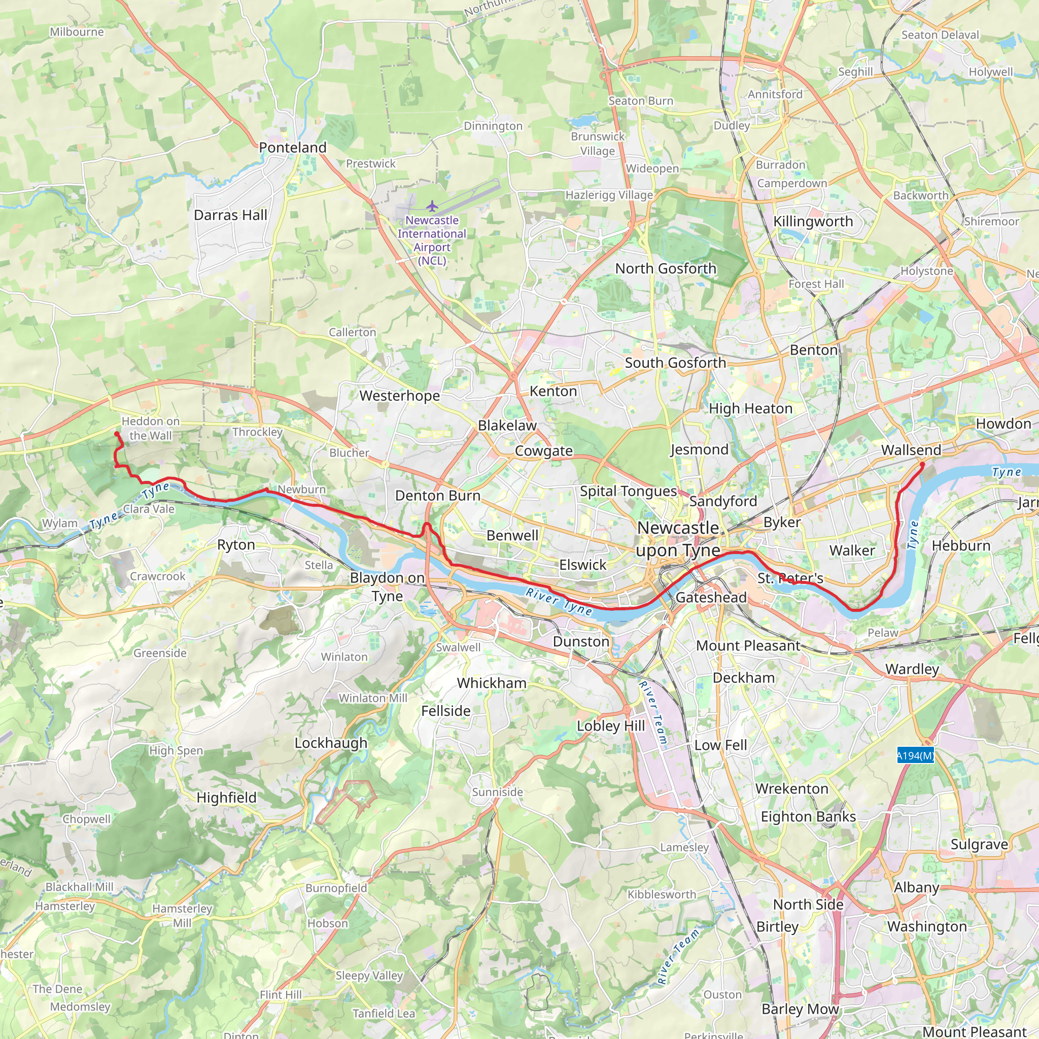 Wallsend to Heddon on the Wall Walk mobile static map