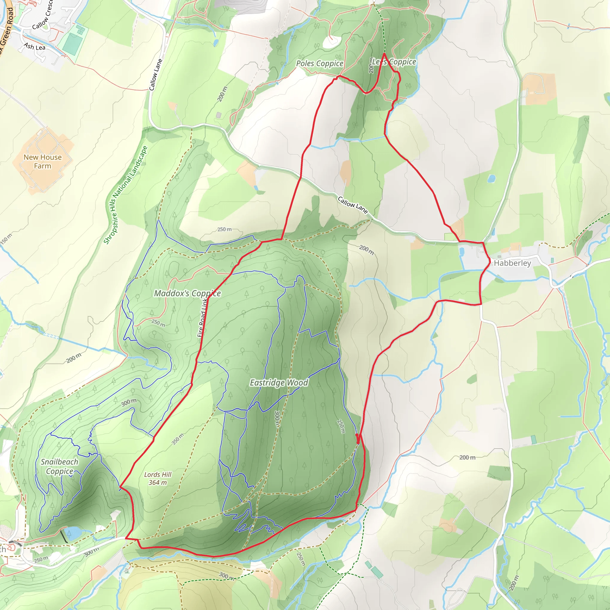 The Hollies and Poles Coppice from near Habberley mobile static map