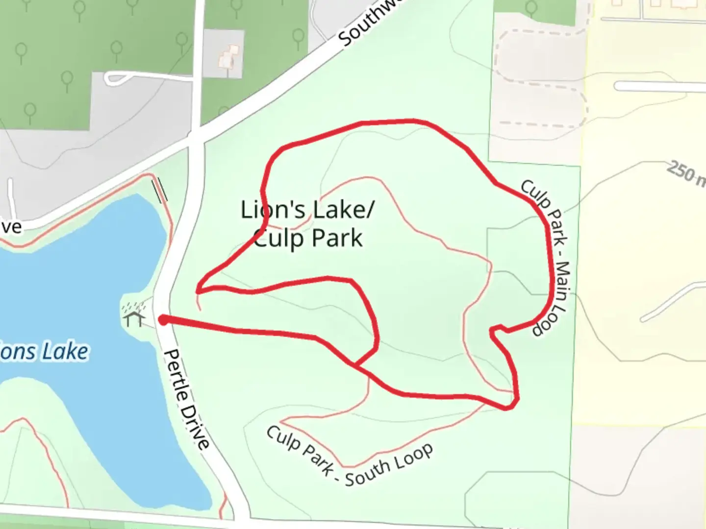 An image depicting the trail Culp Park - Main Loop and its surrounding area.