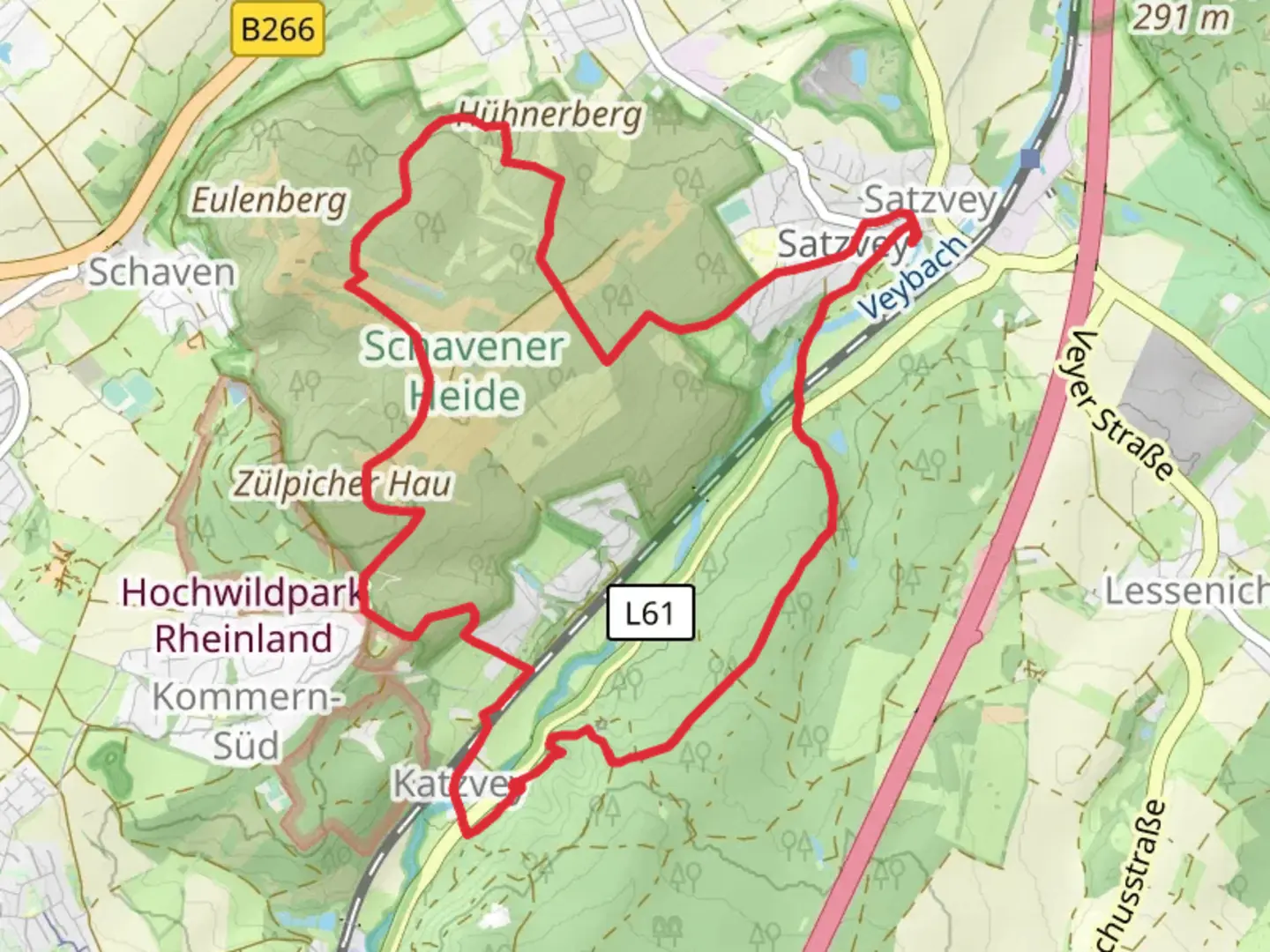 An image depicting the trail Katzensteine via Kommerner Weg and its surrounding area.