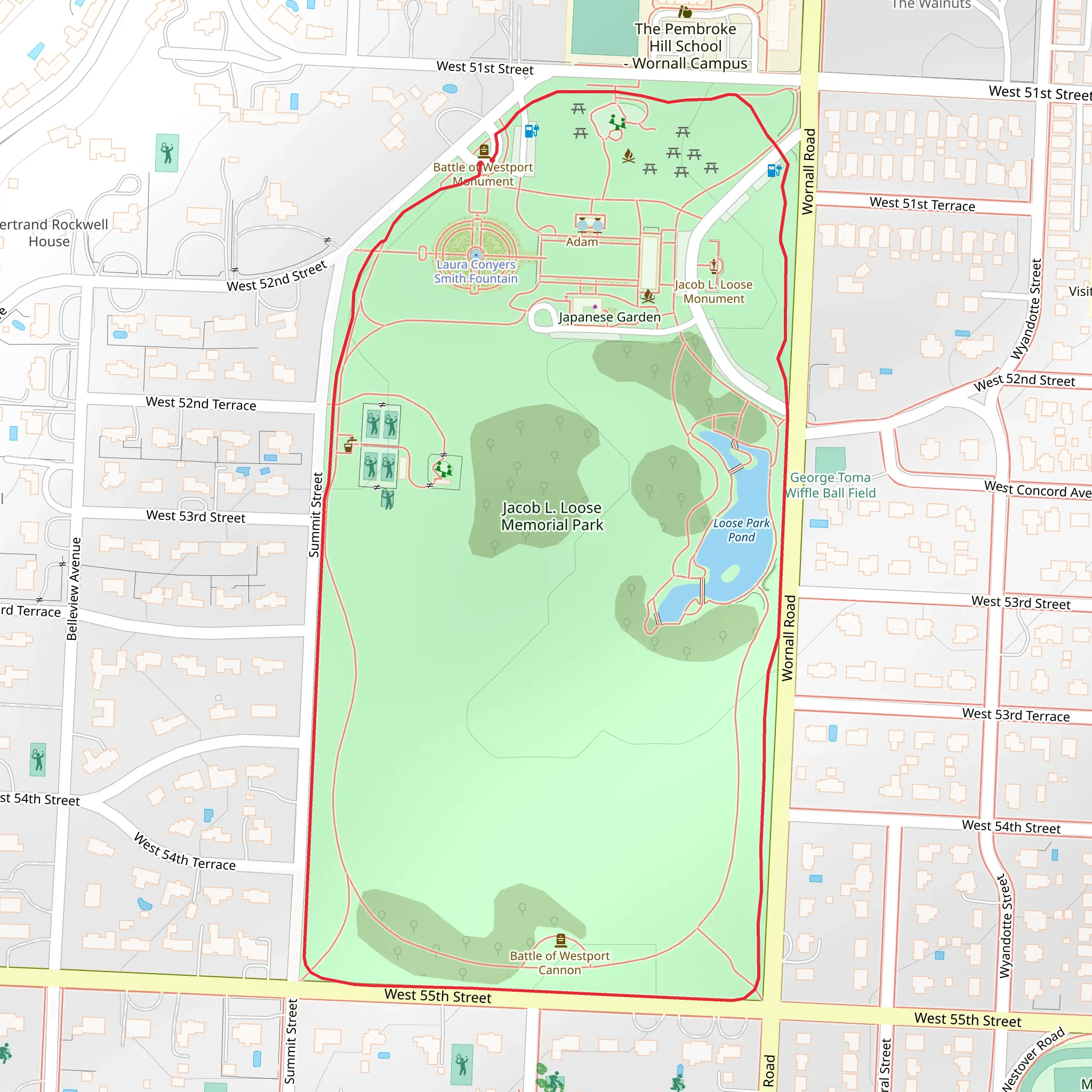 Rose garden and Loose Park Pond Loop mobile static map