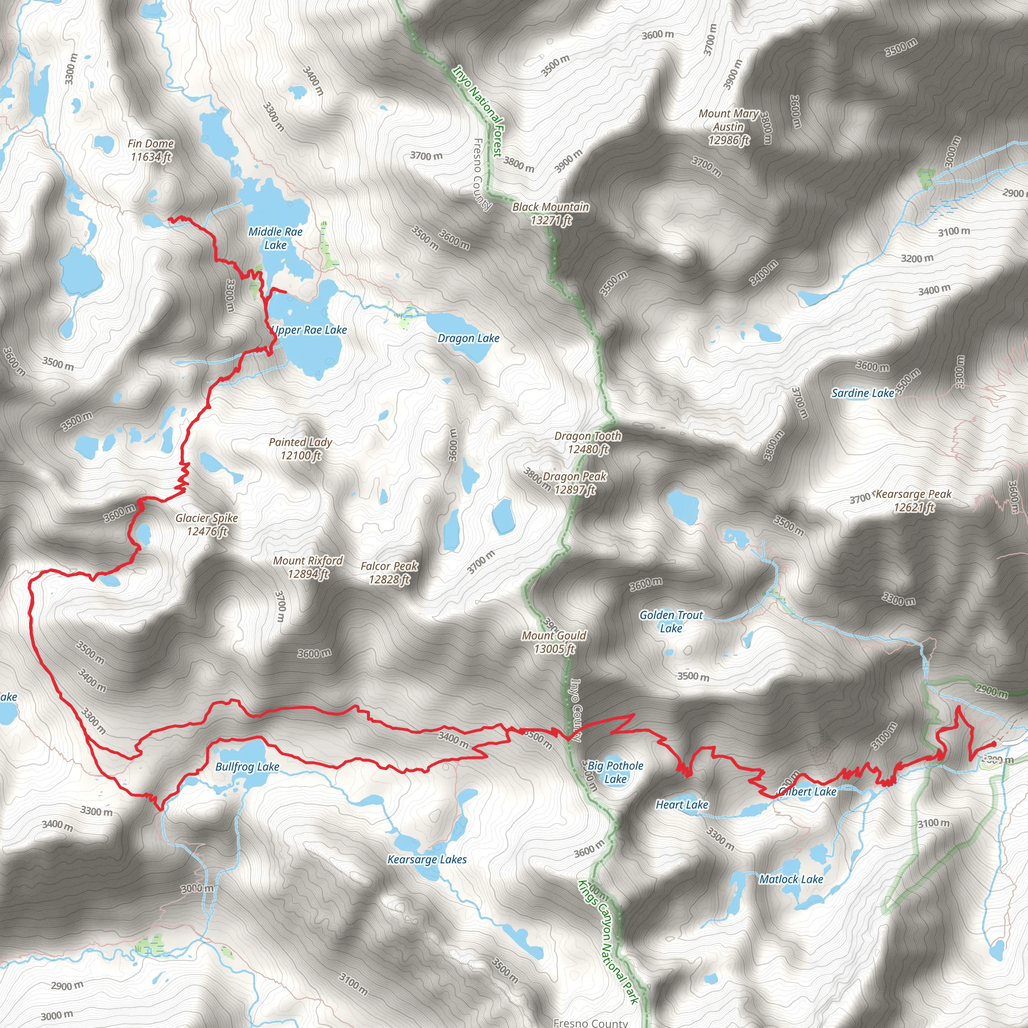 Kearsarge Pass Trail, Big Seki and Bullfrog Lake Loop Trail mobile static map