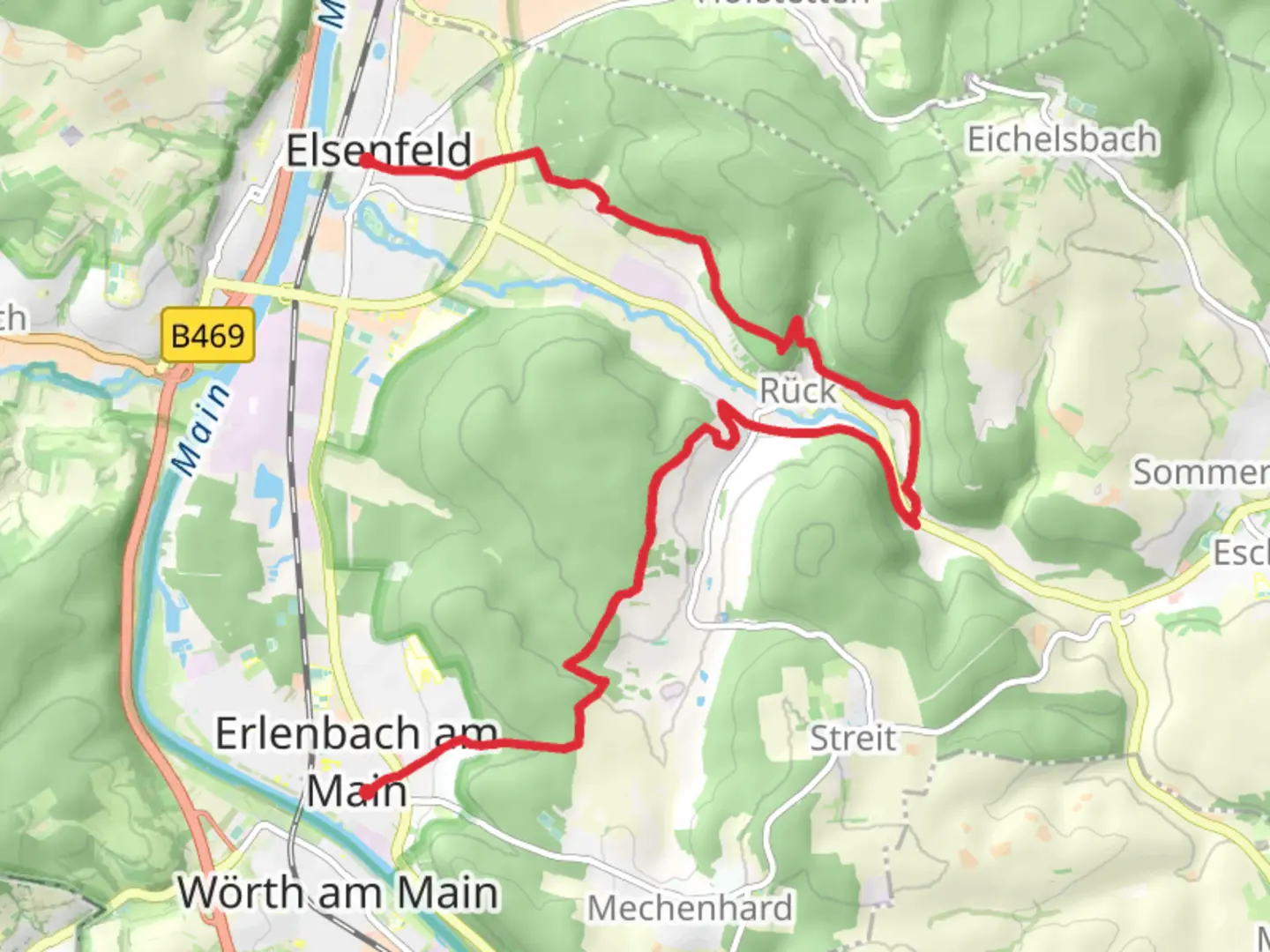 An image depicting the trail Elsenfeld to Erlenbach am Main via Fraenkischer Rotwein Wanderweg and its surrounding area.
