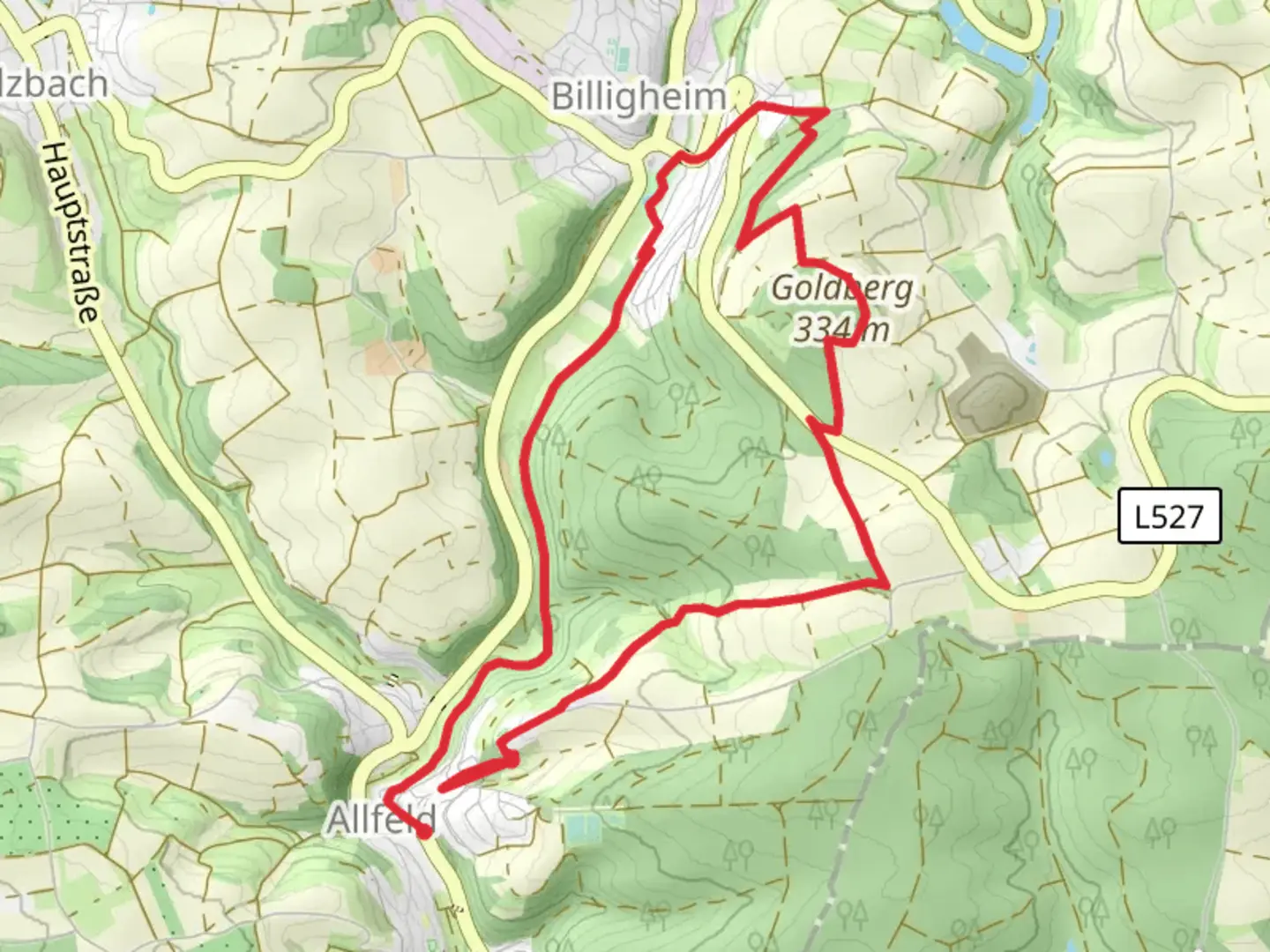 An image depicting the trail Goldberg Loop via Allfeld and its surrounding area.