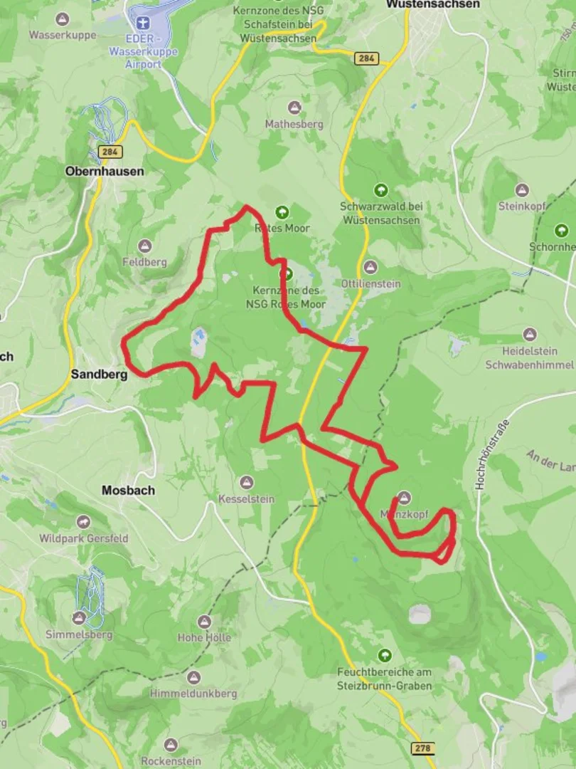 An image depicting the trail Rotes Moor and Munzkopf Loop and its surrounding area.