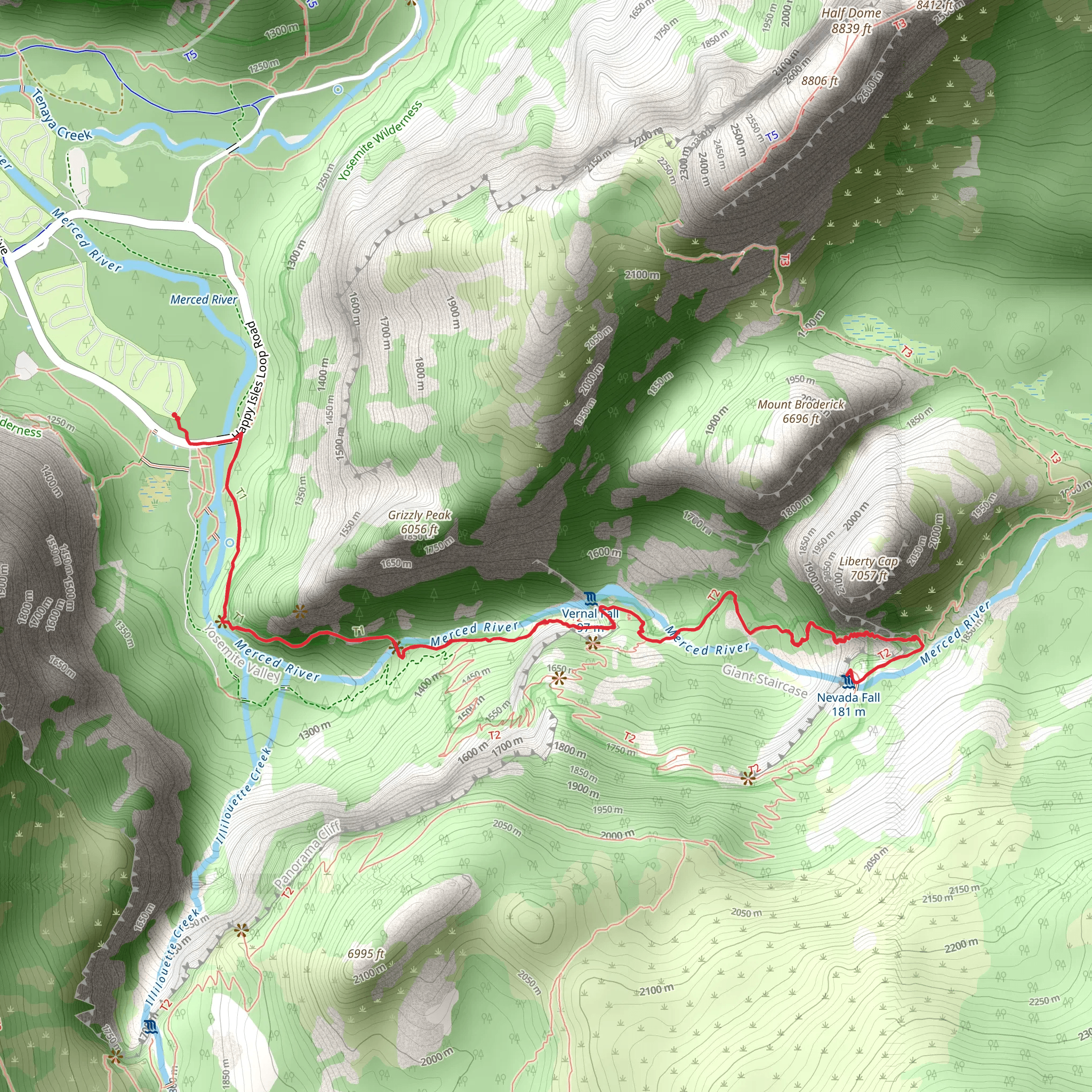 Mist Trail - Vernal and Navada Falls mobile static map