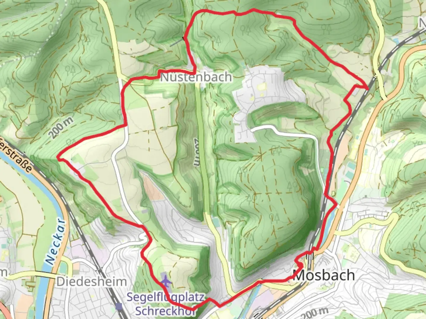 An image depicting the trail Neckarsteig and Mosbach Loop and its surrounding area.