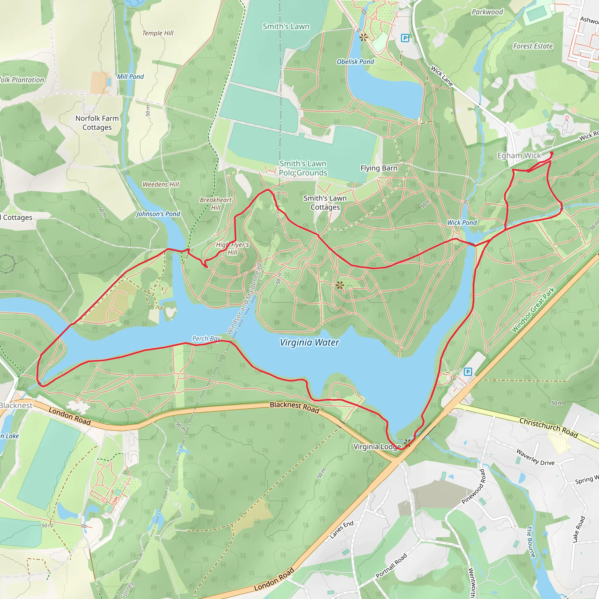 Virginia Water and High Flyer's Hill via Canadian Memorial Path mobile static map