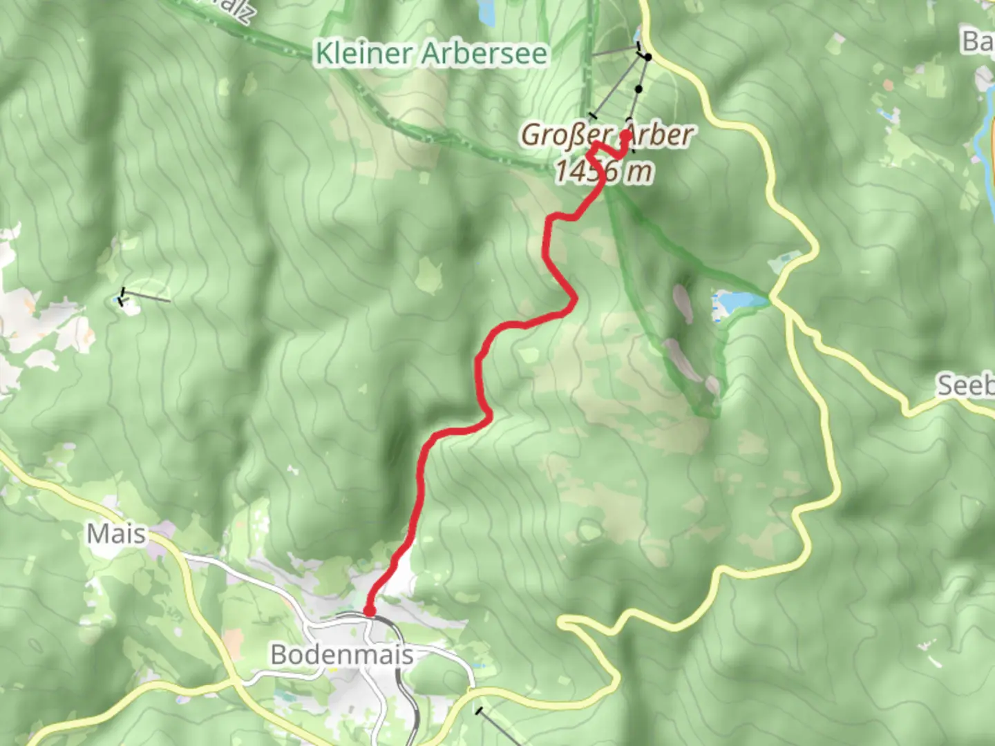 An image depicting the trail Großer Arber to Rieslochfalle and Untere Wasserstube Walk via Arbersteig and its surrounding area.