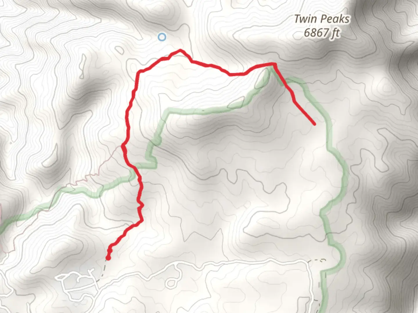 An image depicting the trail Twin Peaks Start via Twin Peaks Trail and its surrounding area.