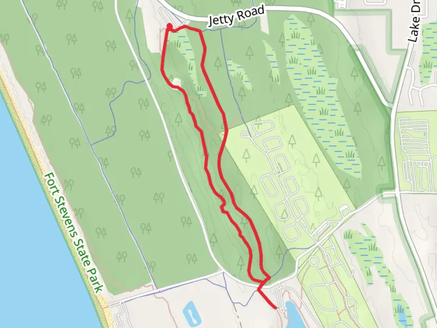 An image depicting the trail Fort Stevens Ridge Trail and Crossover Road Loop and its surrounding area.