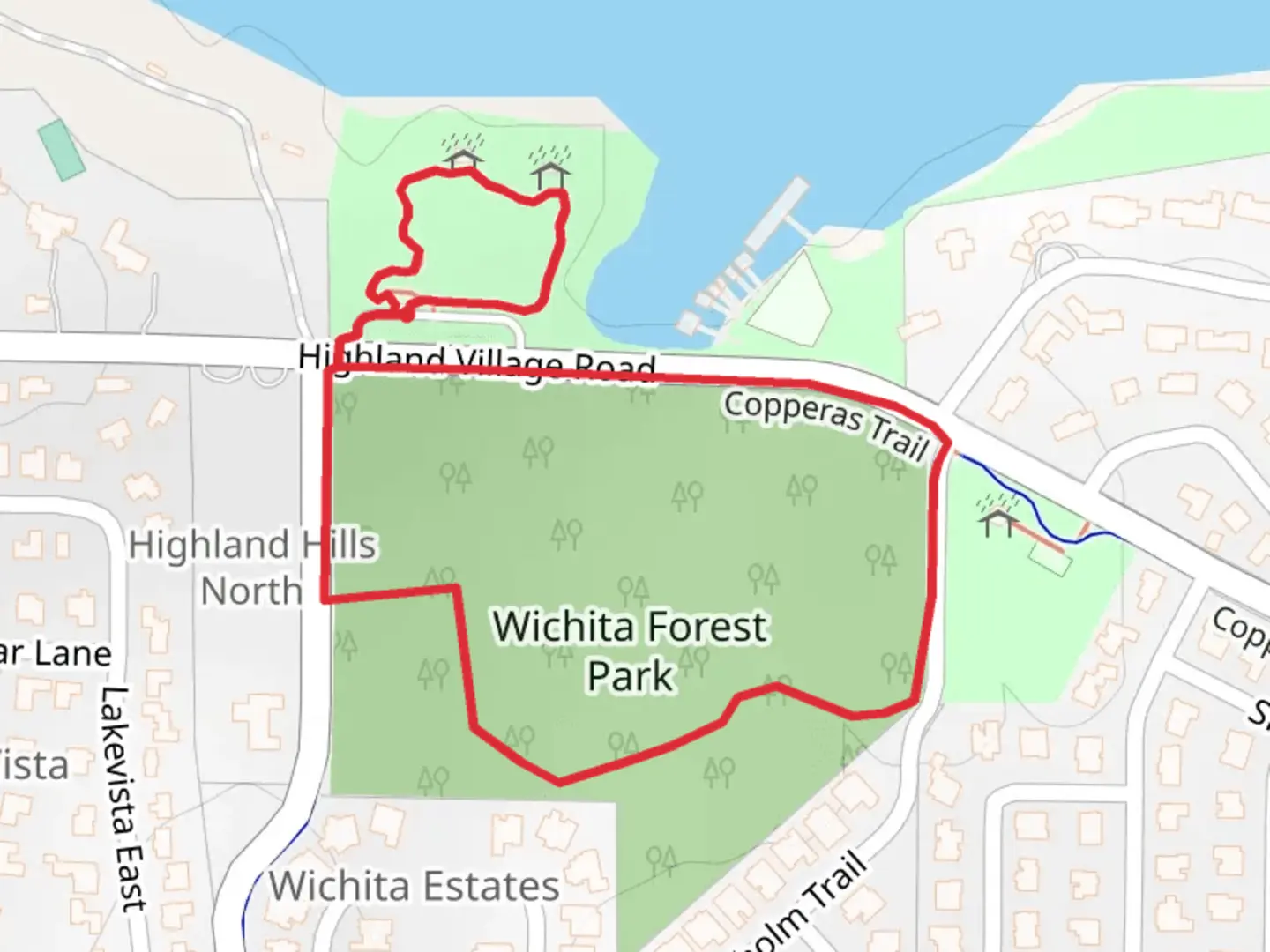 An image depicting the trail Wichita Forest Park Loop and its surrounding area.