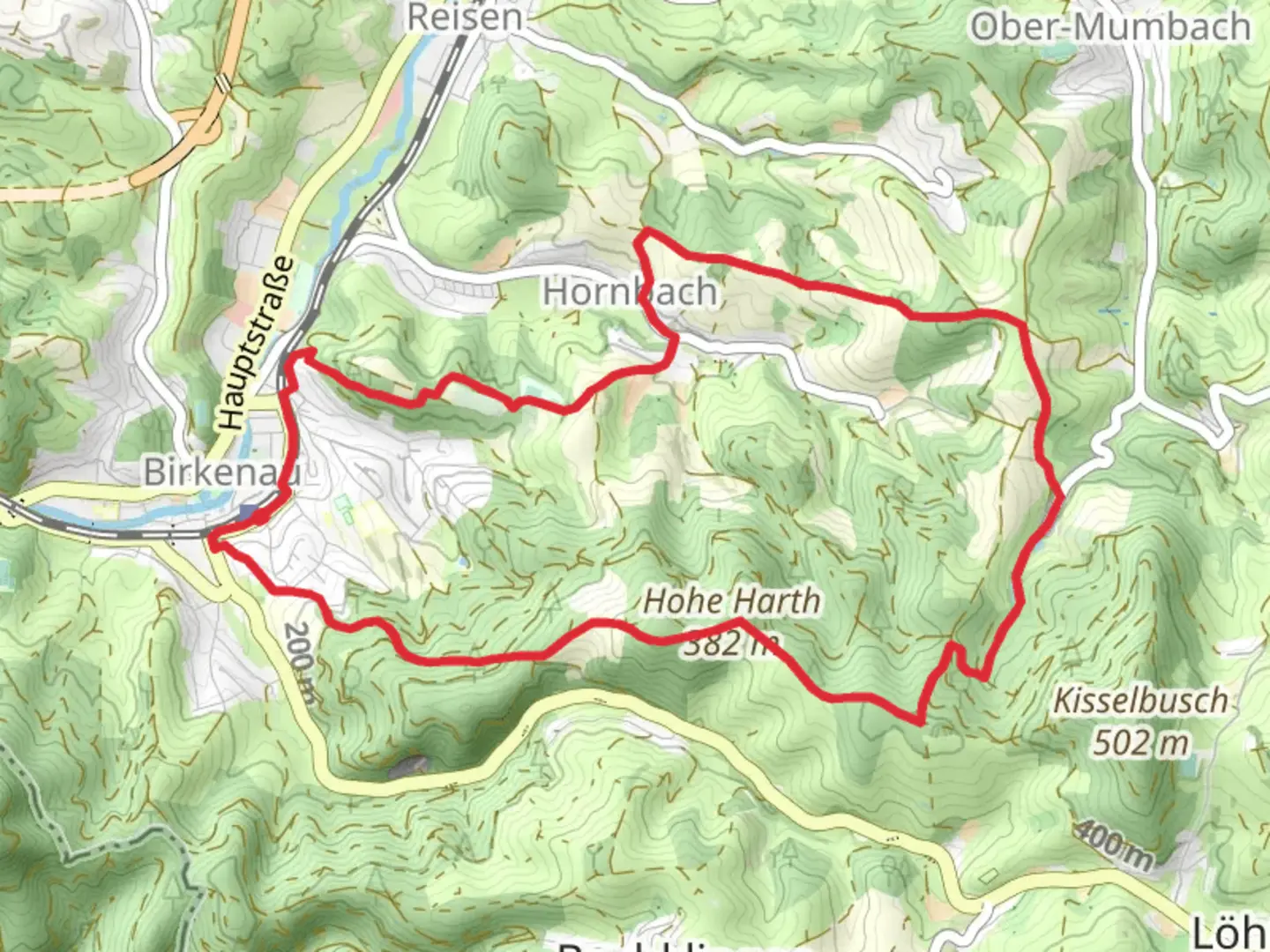 An image depicting the trail Birkenau to Hohe Harth and Hornbach Loop and its surrounding area.