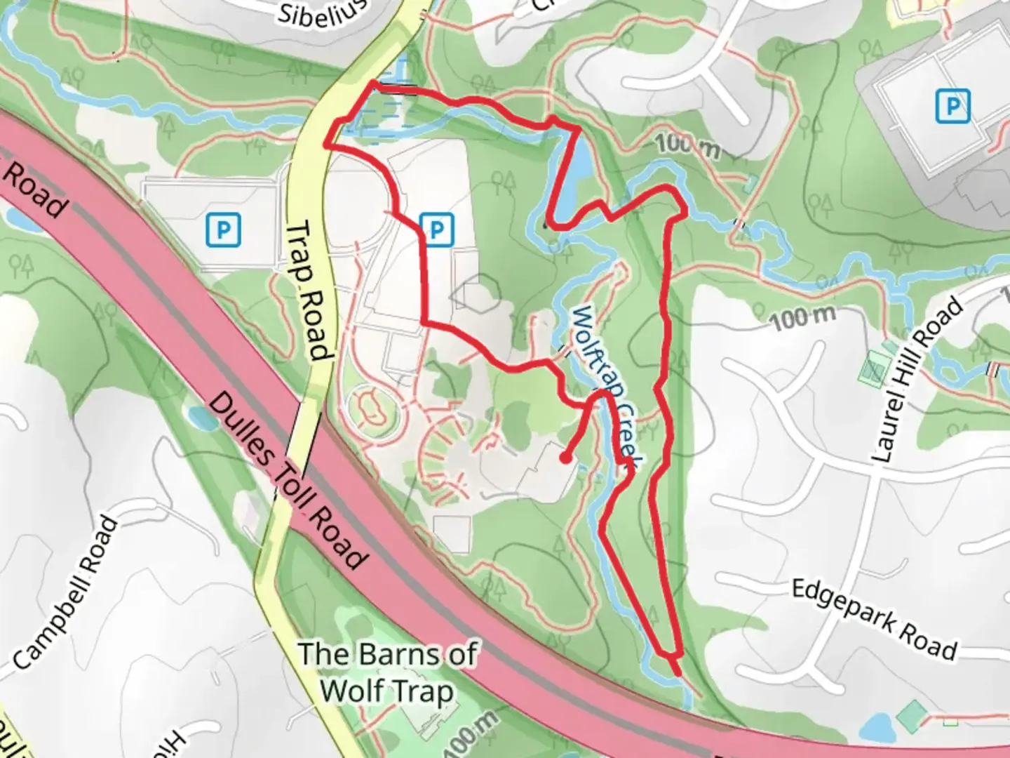 An image depicting the trail Wolftrap Creek Loop and its surrounding area.