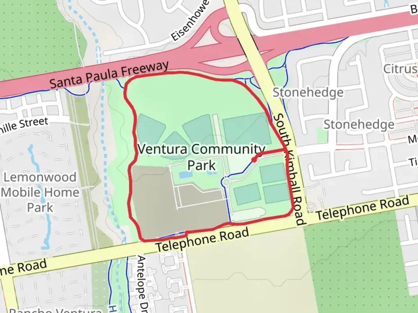 An image depicting the trail Ventura Community Park Main Loop and its surrounding area.