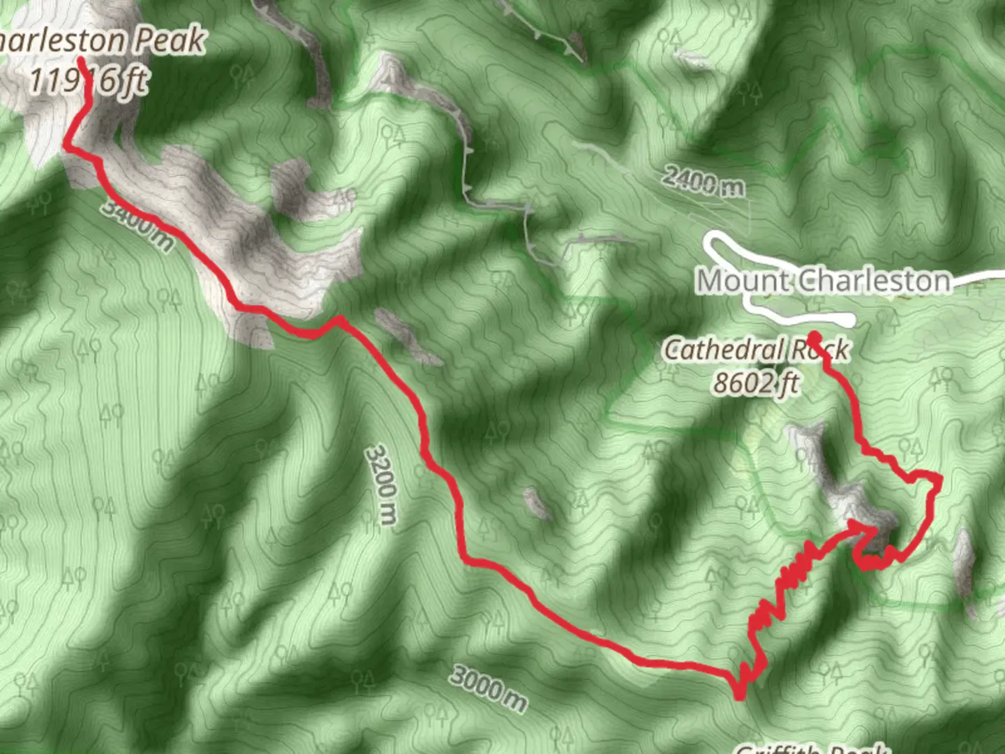 An image depicting the trail Charleston Peak via Charleston Peak Trail South Loop and its surrounding area.