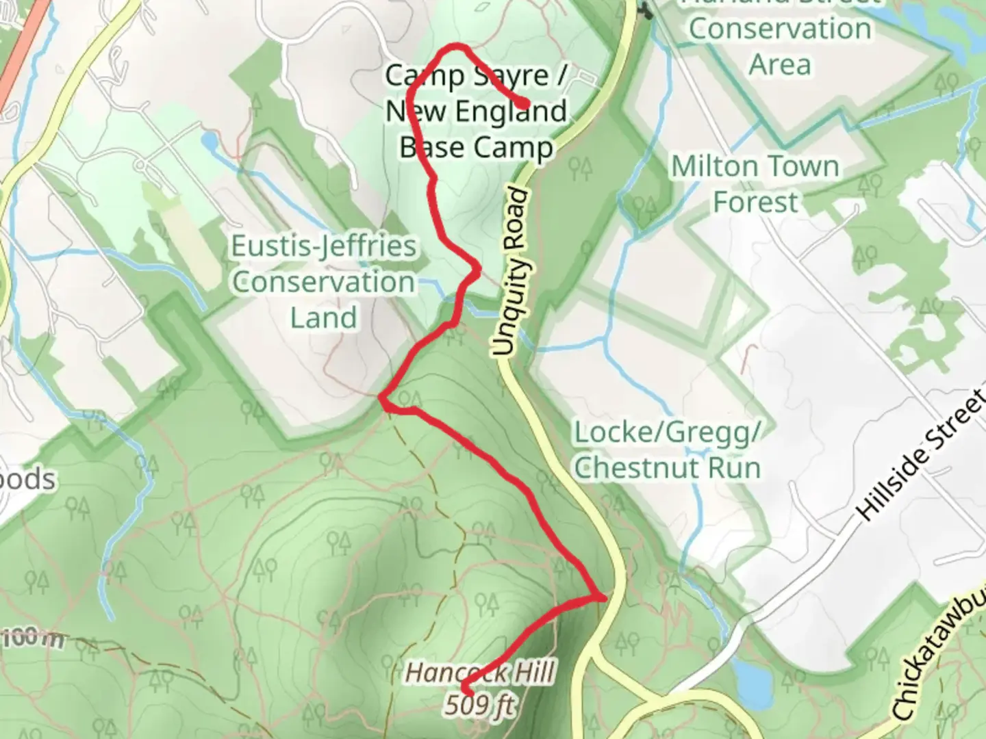 An image depicting the trail Hancock Hill from Unquity Road and its surrounding area.