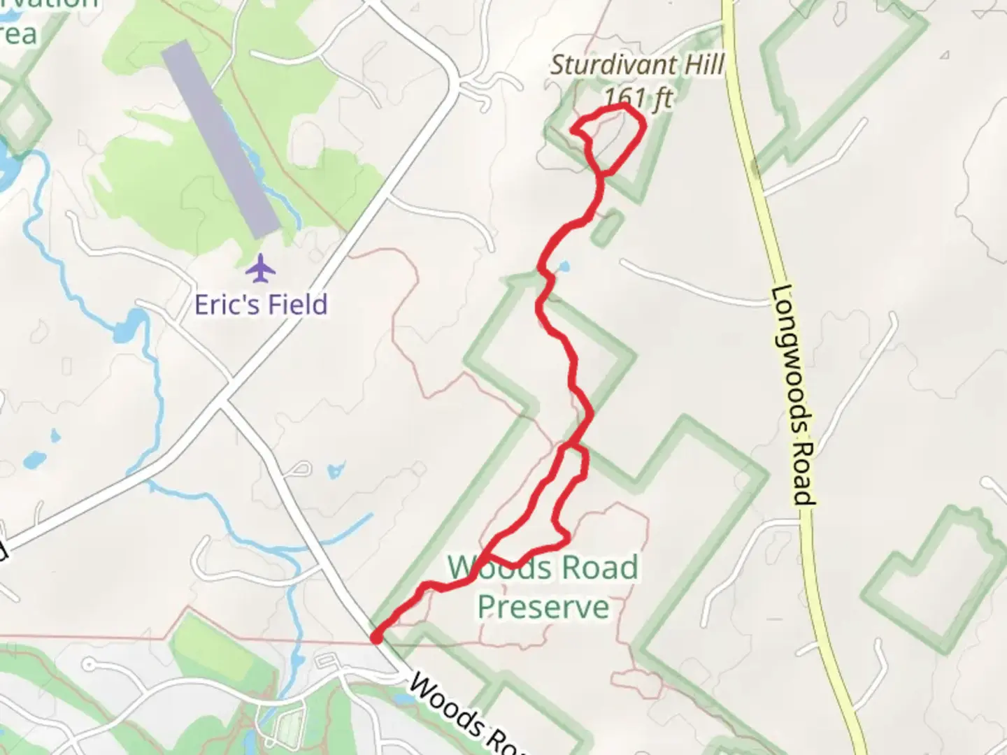 An image depicting the trail Sturdivant Hill via Raggedy Run and Moose Maple Trail and its surrounding area.
