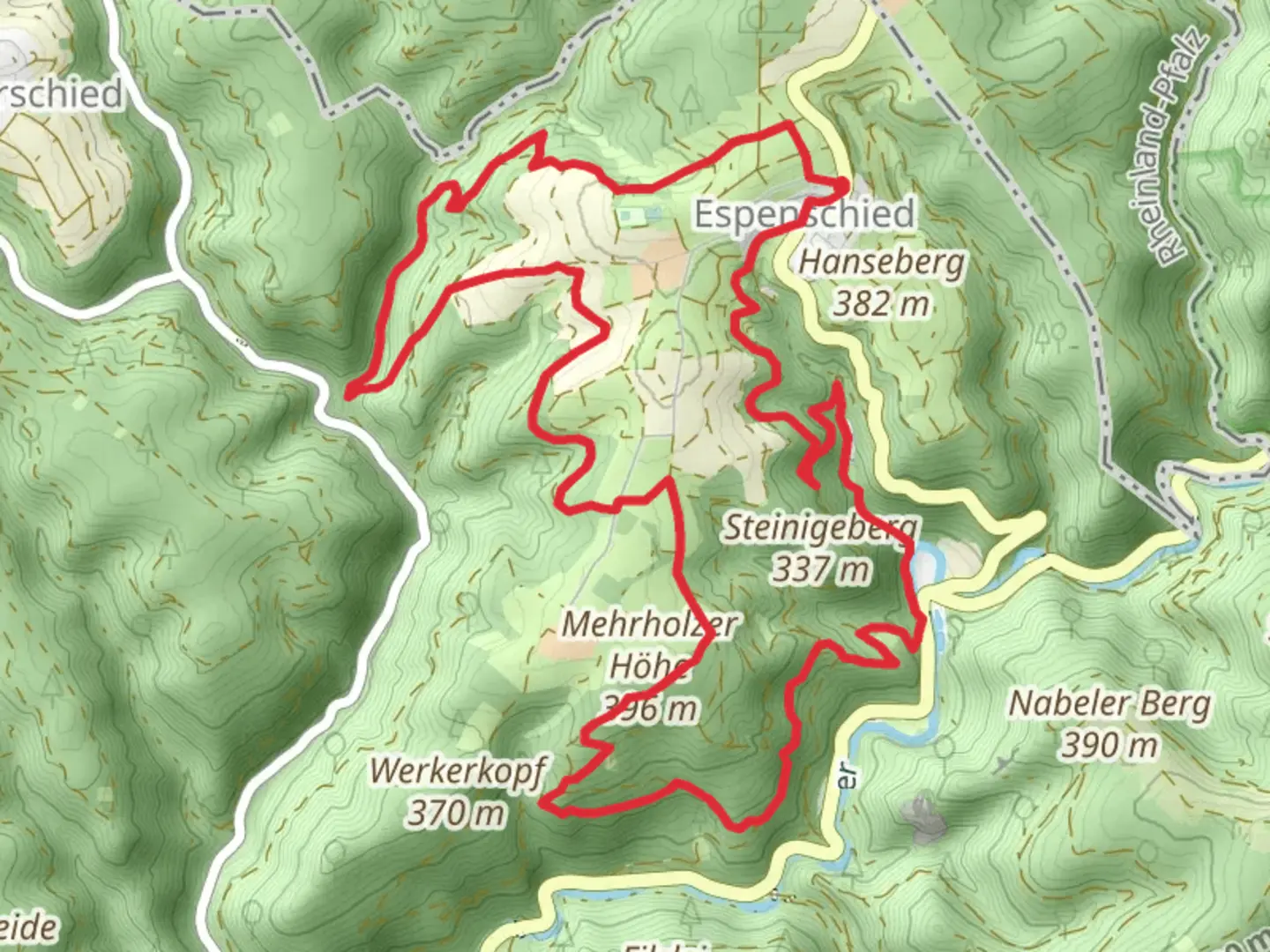 An image depicting the trail Saurier Fels, Mehrholzer Hohe and Oma's Ruh Loop - Espenschied and its surrounding area.