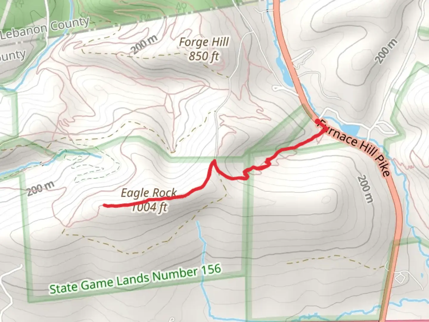 An image depicting the trail Eagle Rock via Horse Shoe Trail East and its surrounding area.
